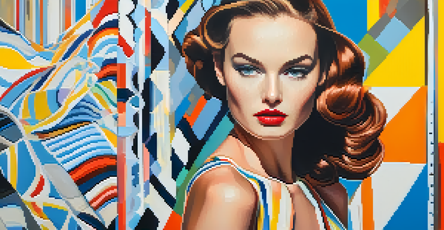 A fashion model in a vibrant pop art-inspired dress against a backdrop of graphic shapes and lines.