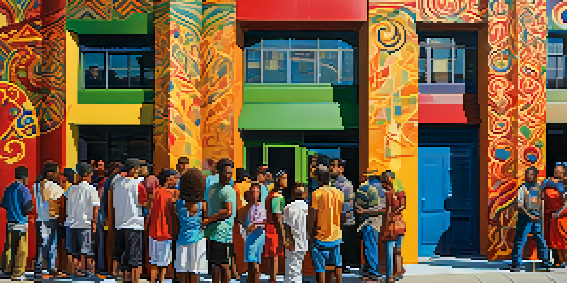 A colorful community mural being painted by diverse artists in an urban setting, showcasing collaboration and cultural representation.