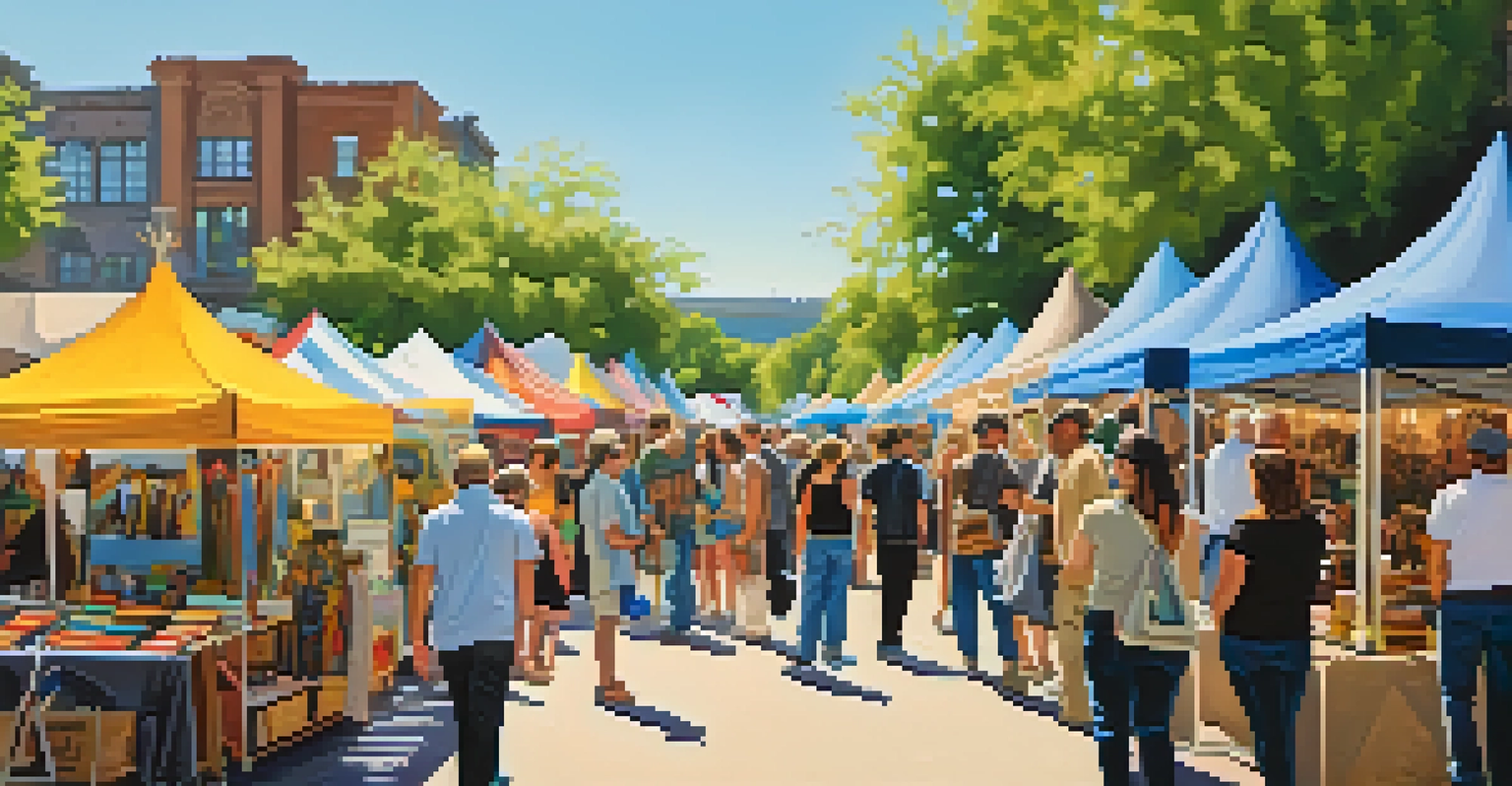 An outdoor art fair with colorful tents and visitors engaging with local artists and their artworks.