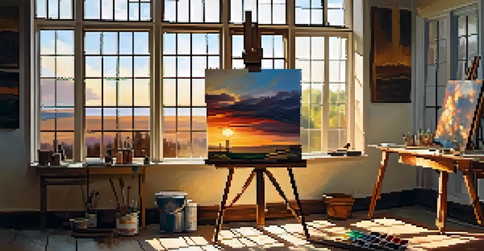 An artist's studio featuring an easel with a sunset painting, sunlight filtering through the windows, and art supplies on a table.
