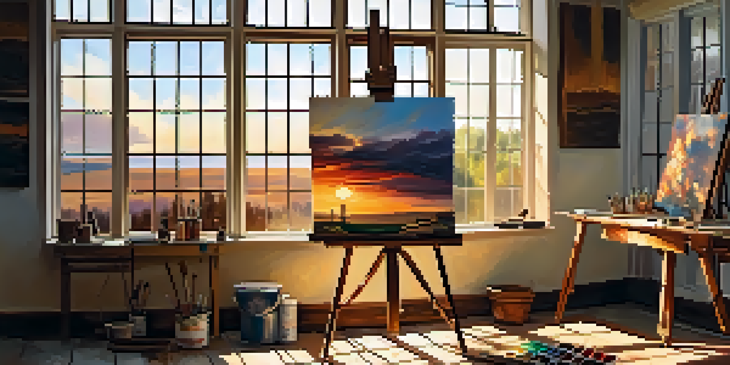 An artist's studio featuring an easel with a sunset painting, sunlight filtering through the windows, and art supplies on a table.