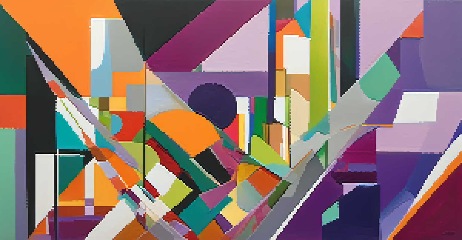 An abstract modern artwork with bold colors and overlapping shapes, inviting exploration of color and emotion.