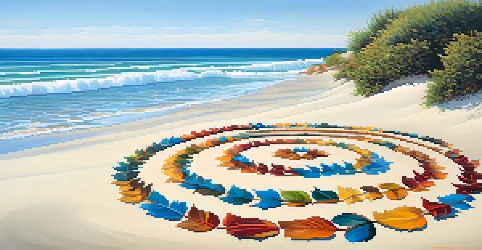 A spiral arrangement of colorful leaves on a sandy beach with ocean waves and a clear blue sky in the background.