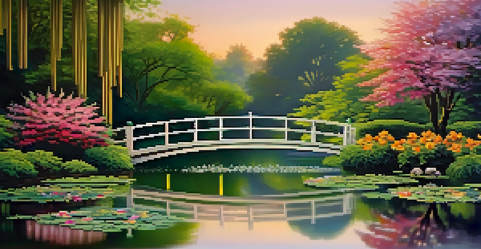 A beautiful garden with colorful flowers, a pond with water lilies, and a Japanese bridge, illuminated by the warm light of a sunset.