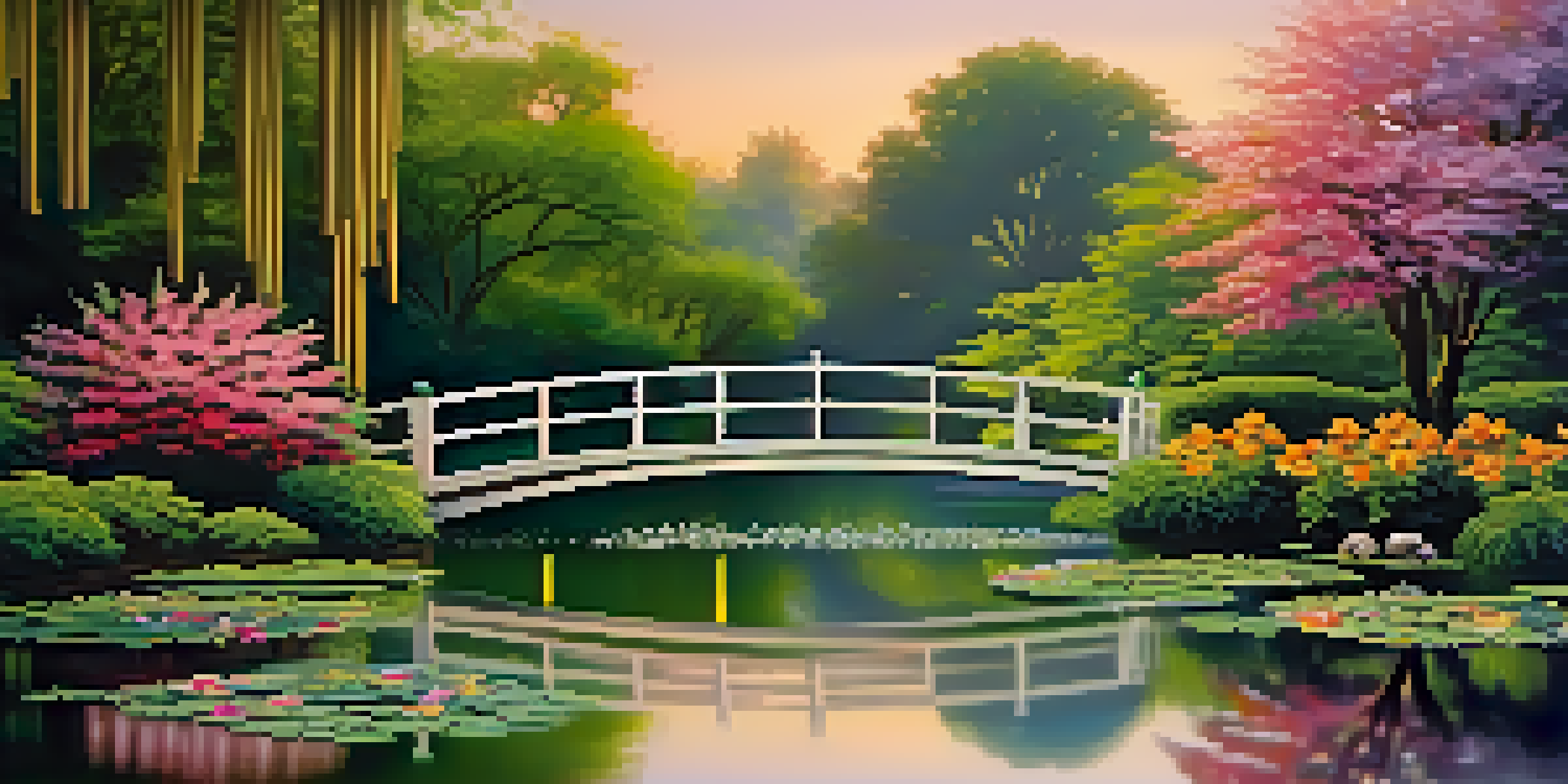 A beautiful garden with colorful flowers, a pond with water lilies, and a Japanese bridge, illuminated by the warm light of a sunset.