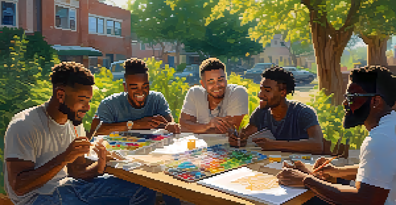 A diverse group of men collaborating on an art project outdoors, surrounded by nature and warm sunlight, symbolizing community and connection.