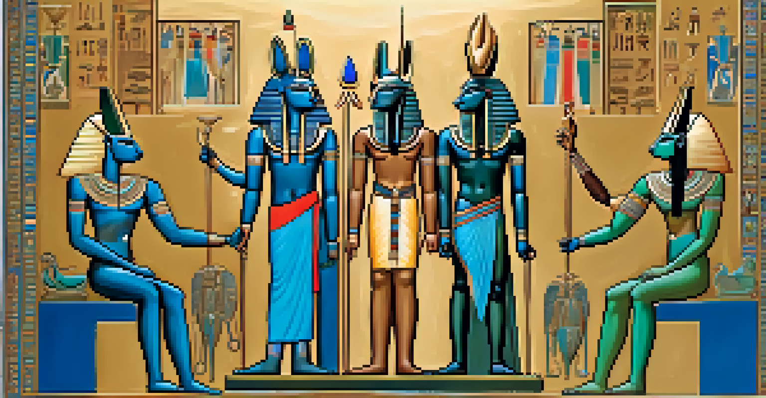 A vibrant depiction of Egyptian deities with symbols like the scarab beetle and lotus flowers.