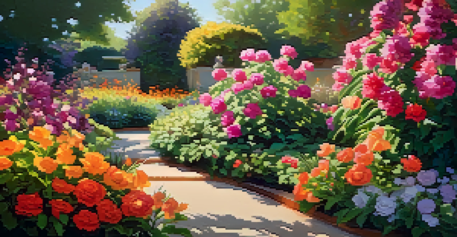A colorful flower garden with various blooms, showcasing bright petals and green leaves under sunlight.
