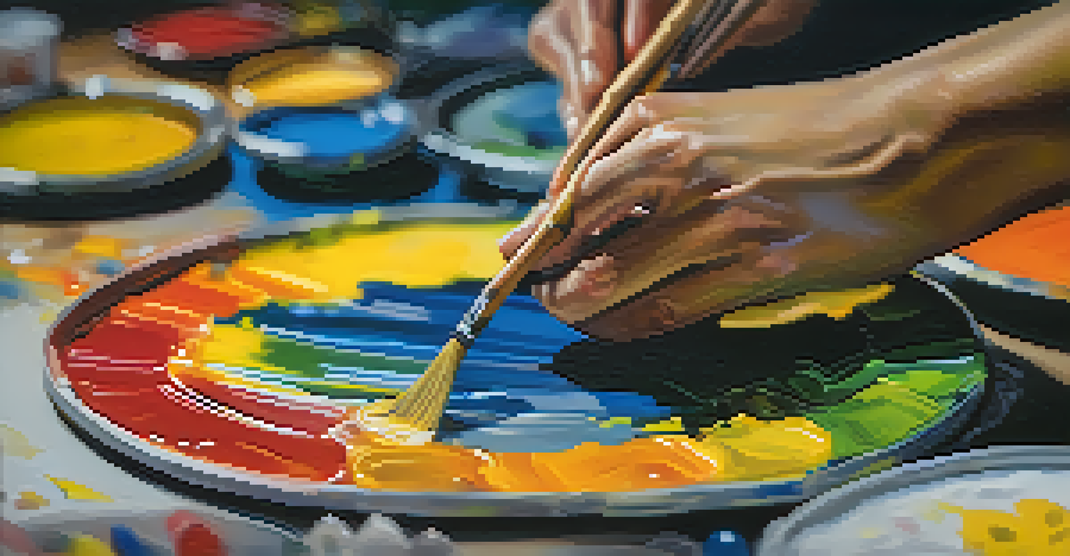 A close-up of a painter's hands mixing vibrant colors on a palette, with a blurred background.