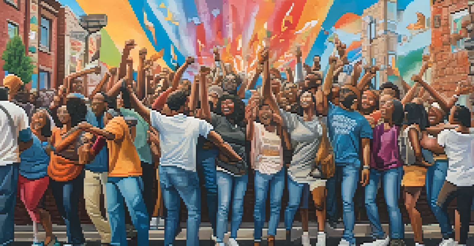 A vibrant mural showing diverse people united in solidarity, surrounded by an urban environment.