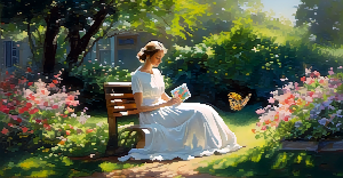 A woman in a white dress painting in a colorful garden filled with flowers and butterflies, under soft sunlight filtering through the trees.