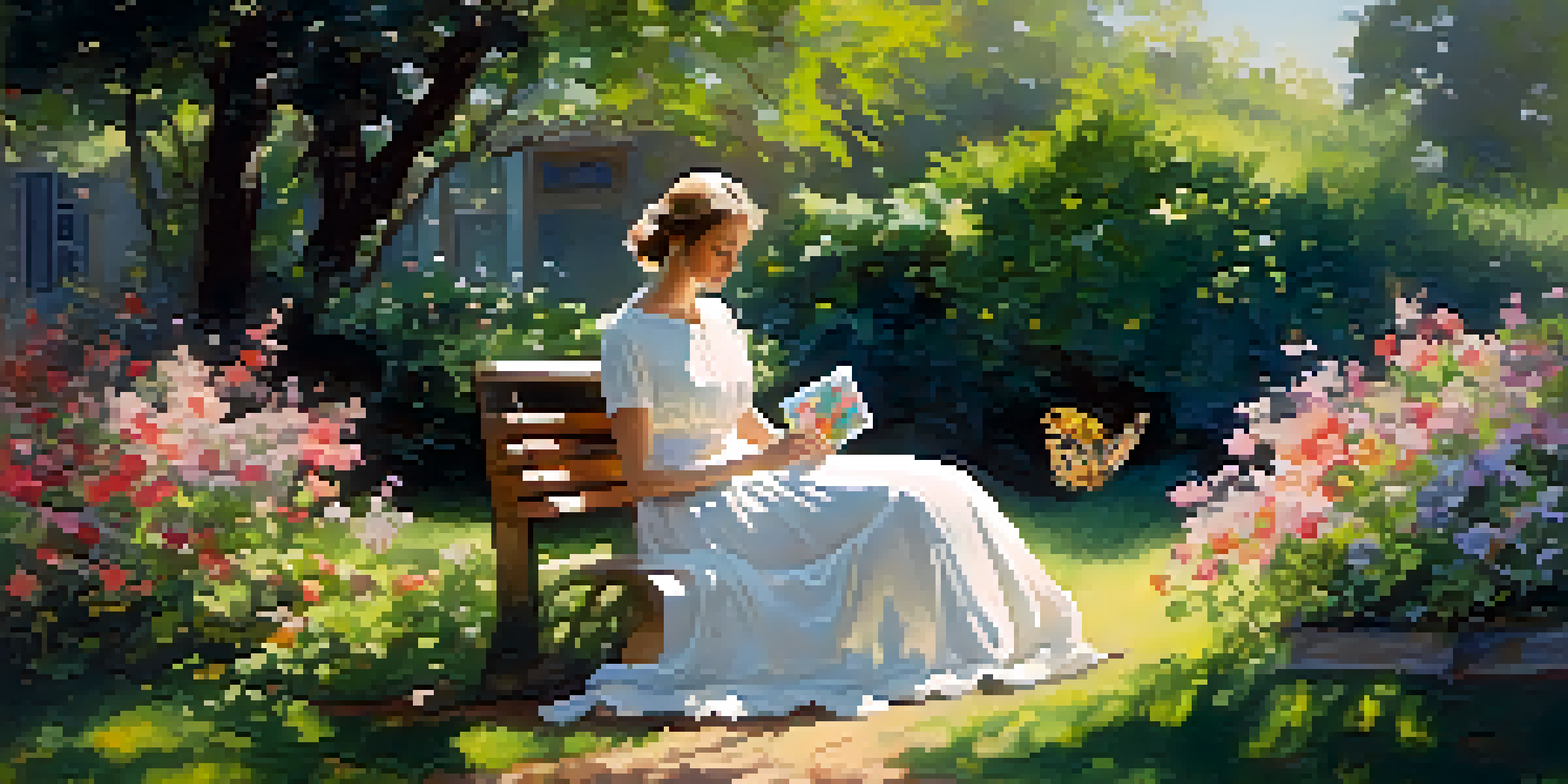 A woman in a white dress painting in a colorful garden filled with flowers and butterflies, under soft sunlight filtering through the trees.