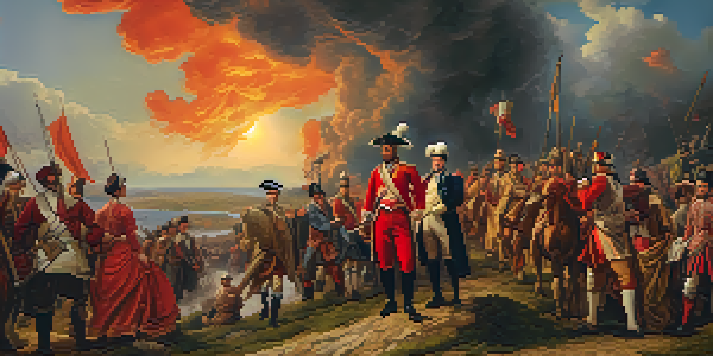 A historical painting depicting a central figure symbolizing liberty leading a diverse group during a revolution, with a dramatic landscape and a colorful, tumultuous sky.
