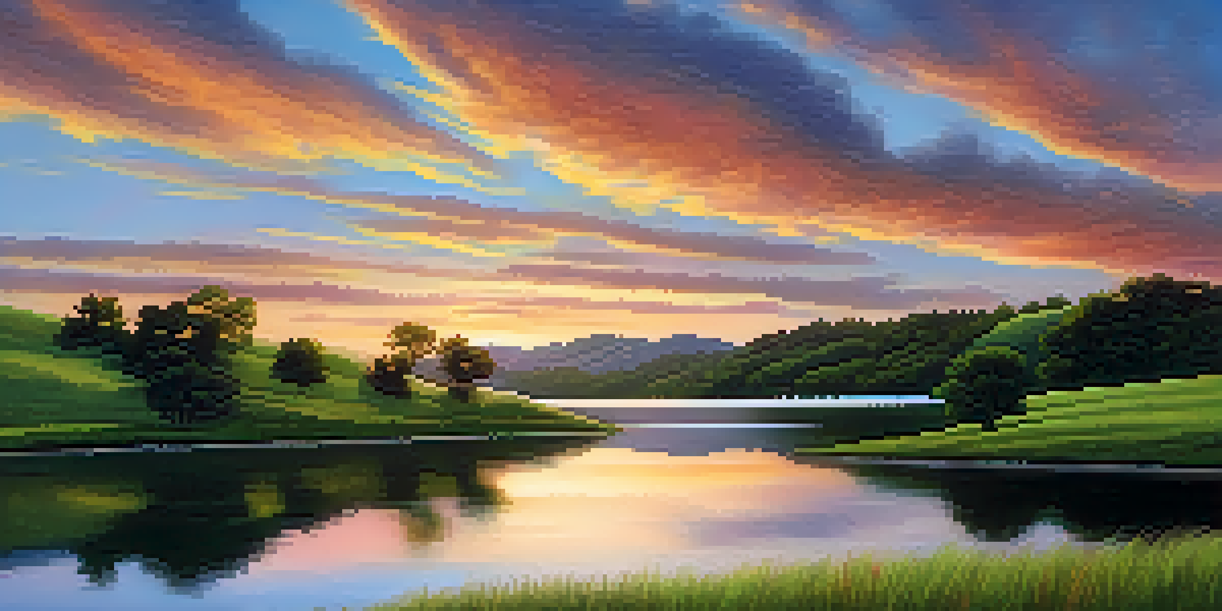A serene digital landscape painting with rolling hills, a calm lake, and a vibrant sunset, showcasing lush greenery and soft clouds.