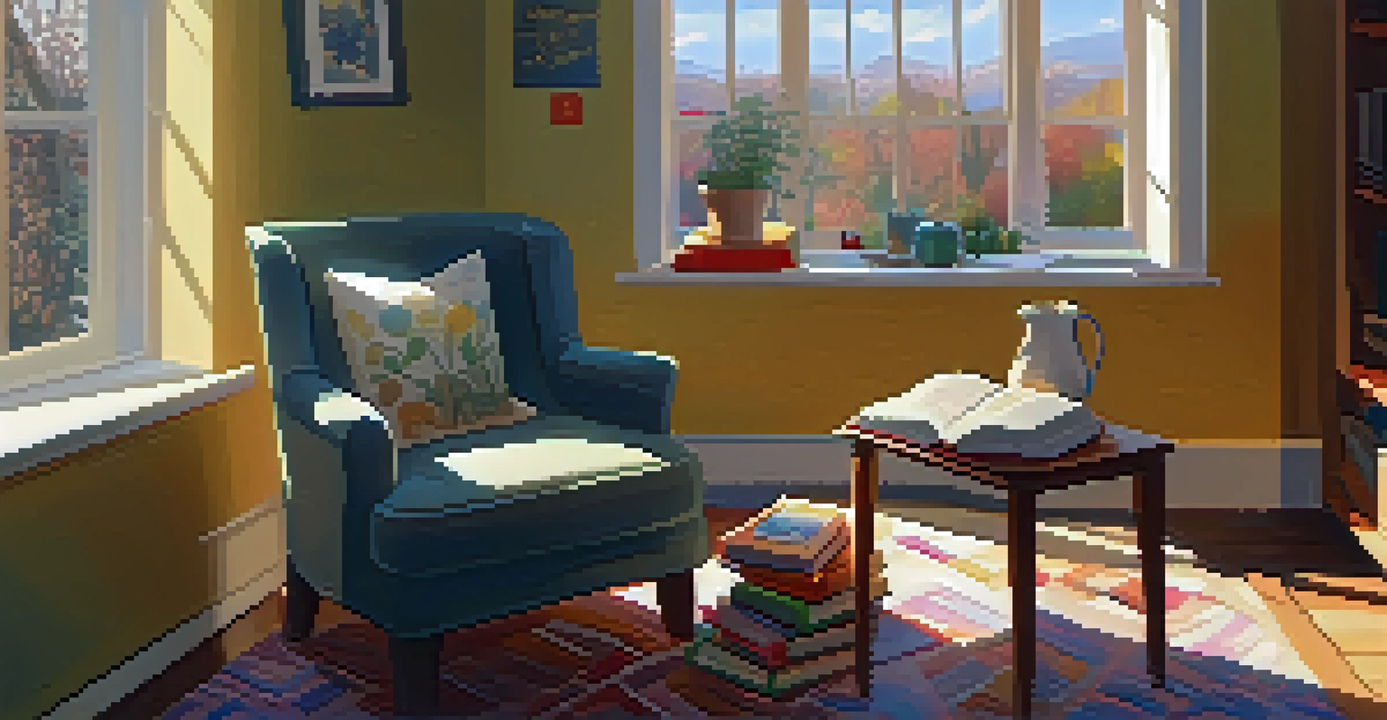 A comfortable reading nook with an armchair, bookshelf, and sunlight streaming through a window, accompanied by a cup of tea.