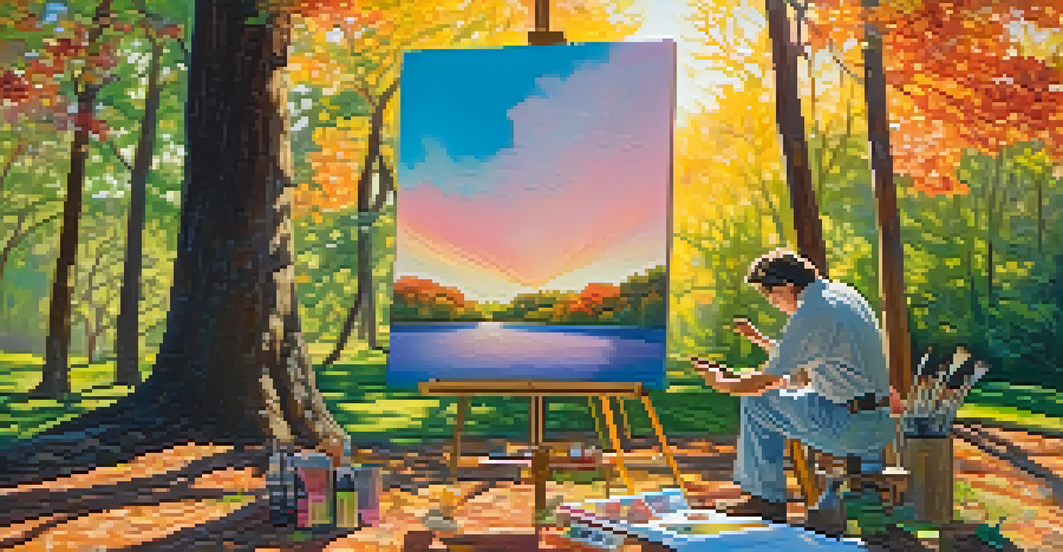 An artist painting a vibrant landscape outdoors, surrounded by colorful palettes and brushes, with sunlight filtering through trees.