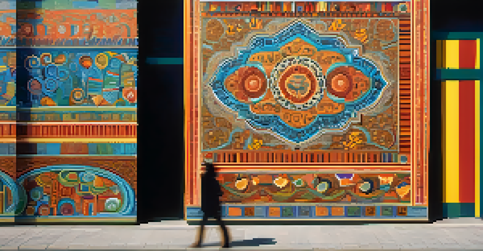 A colorful mural on a city wall showcasing cultural elements and patterns, with sunlight highlighting its intricate textures.
