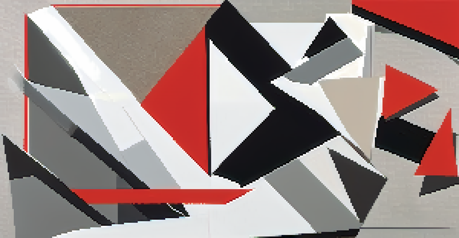 An abstract collage with geometric shapes, featuring a bold red triangle as the focal point among gray and white textures.