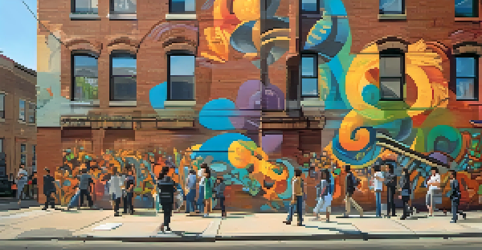 A colorful street mural on a brick wall showing a lively urban scene with characters interacting under warm sunlight.