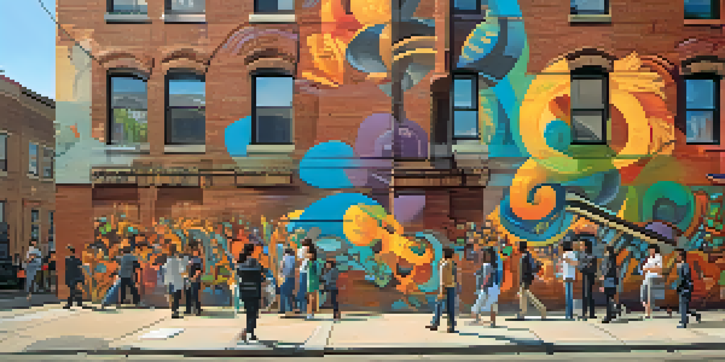 A colorful street mural on a brick wall showing a lively urban scene with characters interacting under warm sunlight.