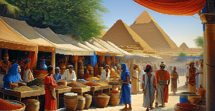 An ancient Egyptian market scene with colorful merchants and vivid goods, set against the backdrop of pyramids and green landscapes.
