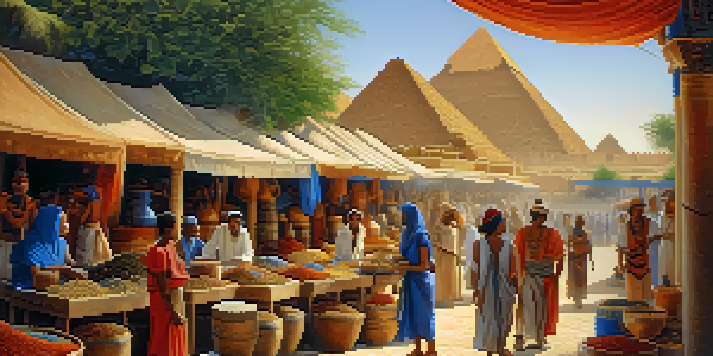 An ancient Egyptian market scene with colorful merchants and vivid goods, set against the backdrop of pyramids and green landscapes.