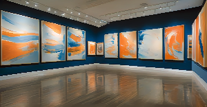 A gallery filled with abstract paintings in blue and orange, with floating musical notes around them.