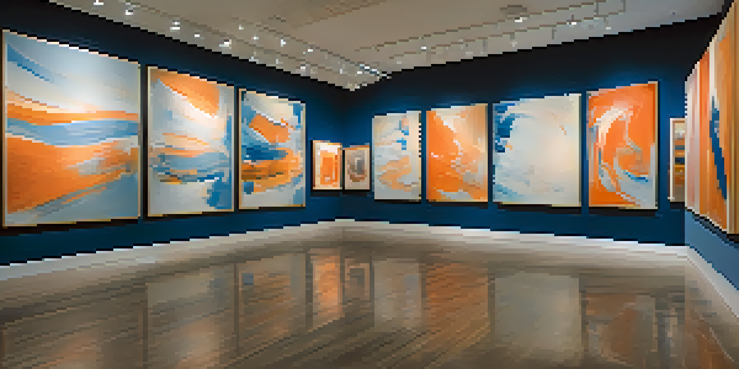 A gallery filled with abstract paintings in blue and orange, with floating musical notes around them.