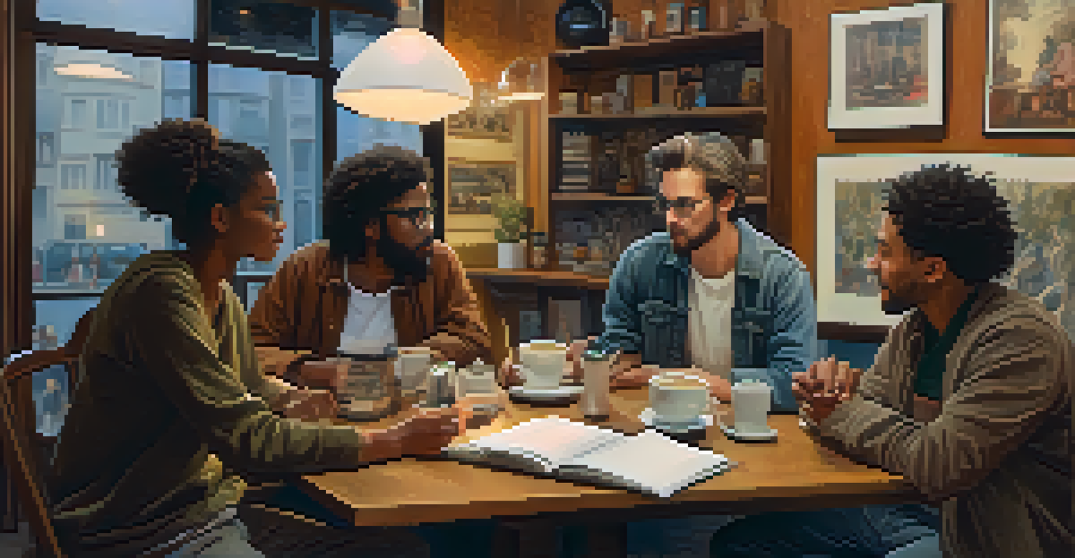 A group of artists collaborating in a café, discussing ideas with coffee cups and sketchbooks on the table.