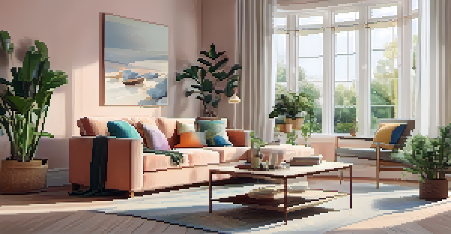 A cozy living room with freshly painted pastel walls, a comfortable sofa, and decorative plants, illuminated by natural light.