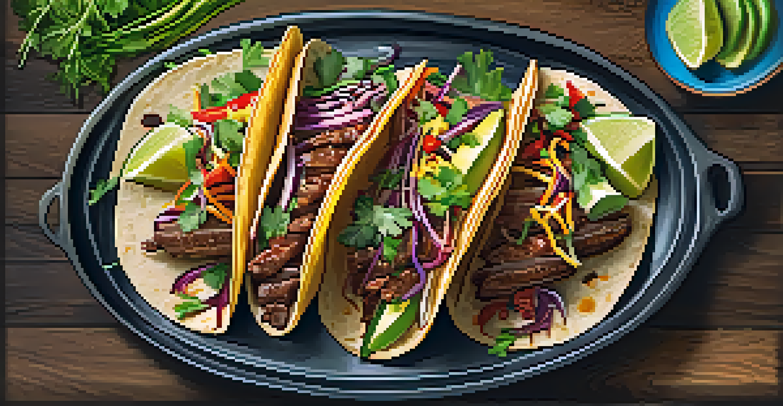A colorful fusion dish of Korean BBQ tacos, garnished with fresh vegetables, served on a rustic wooden board.