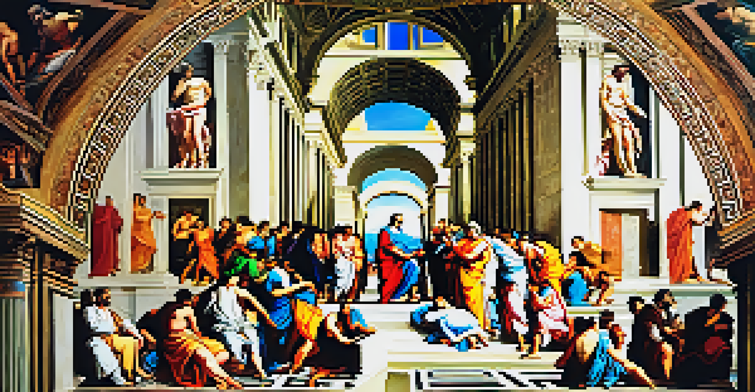 A vibrant scene of philosophers in discussion at the School of Athens, with rich colors and architectural details.