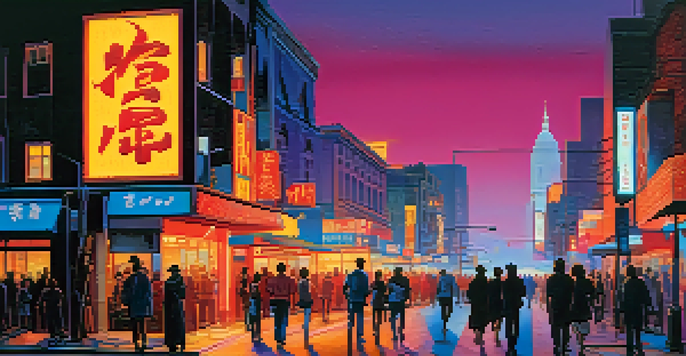 A colorful cityscape at dusk with neon signs and silhouetted figures.