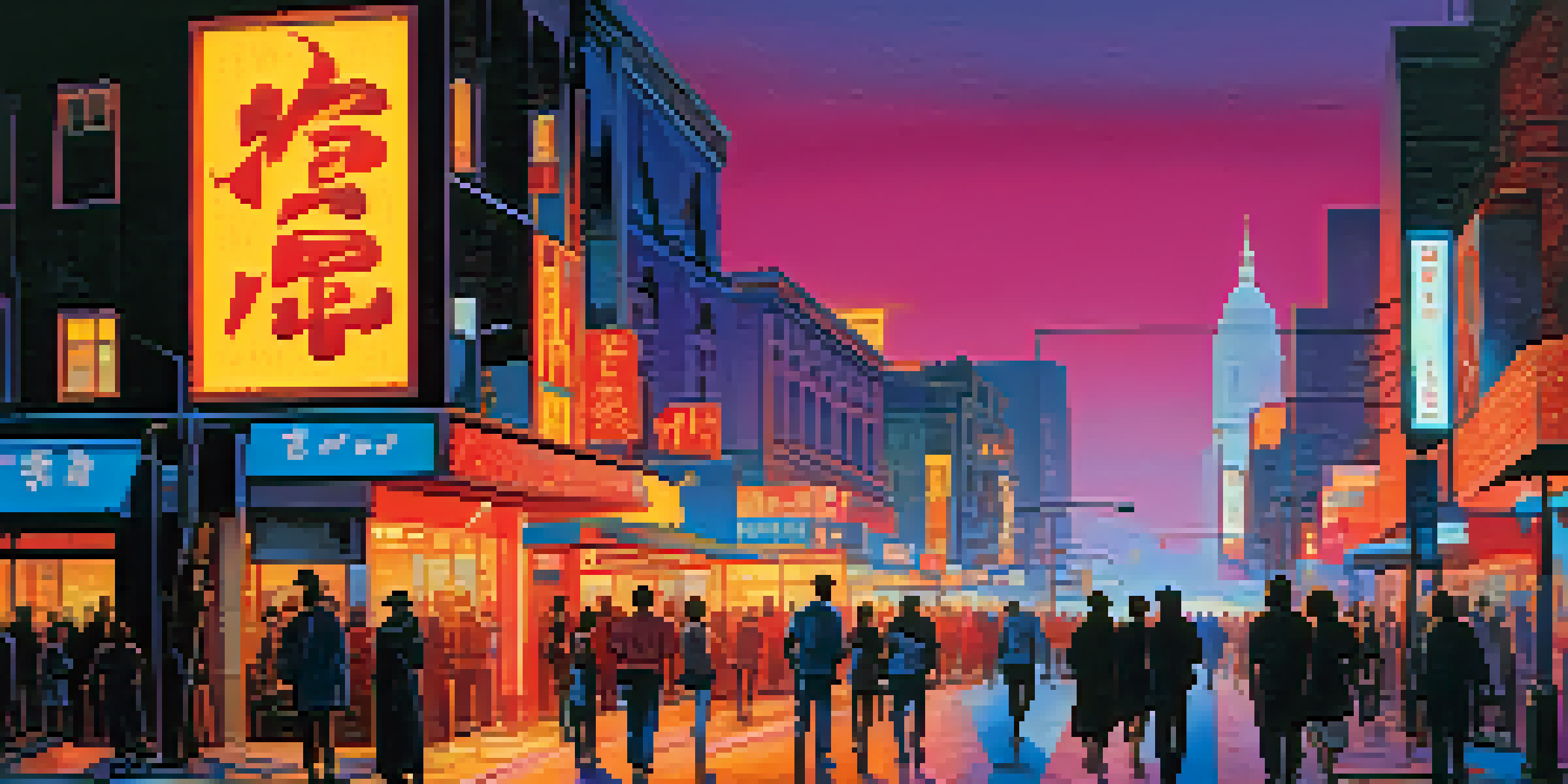 A colorful cityscape at dusk with neon signs and silhouetted figures.