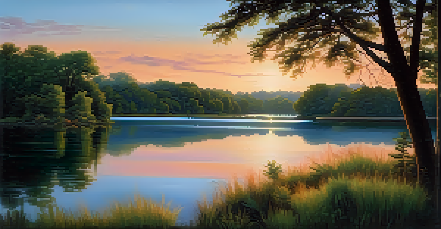 A landscape painting of a peaceful lake at sunset, showcasing contrasting colors of orange and blue.