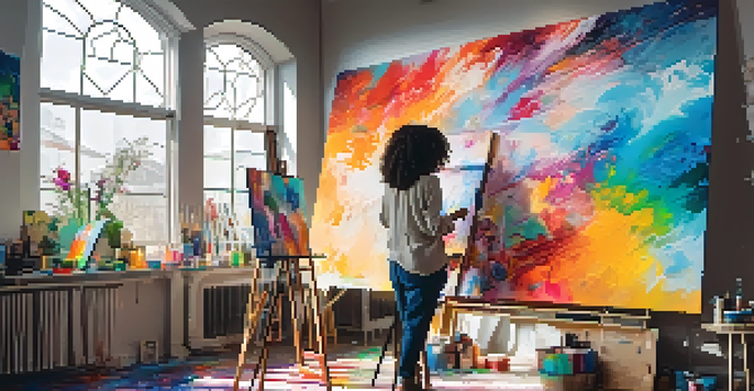 An artist working in a colorful digital art studio, surrounded by bright paint splashes and abstract artworks, with natural light illuminating the space.