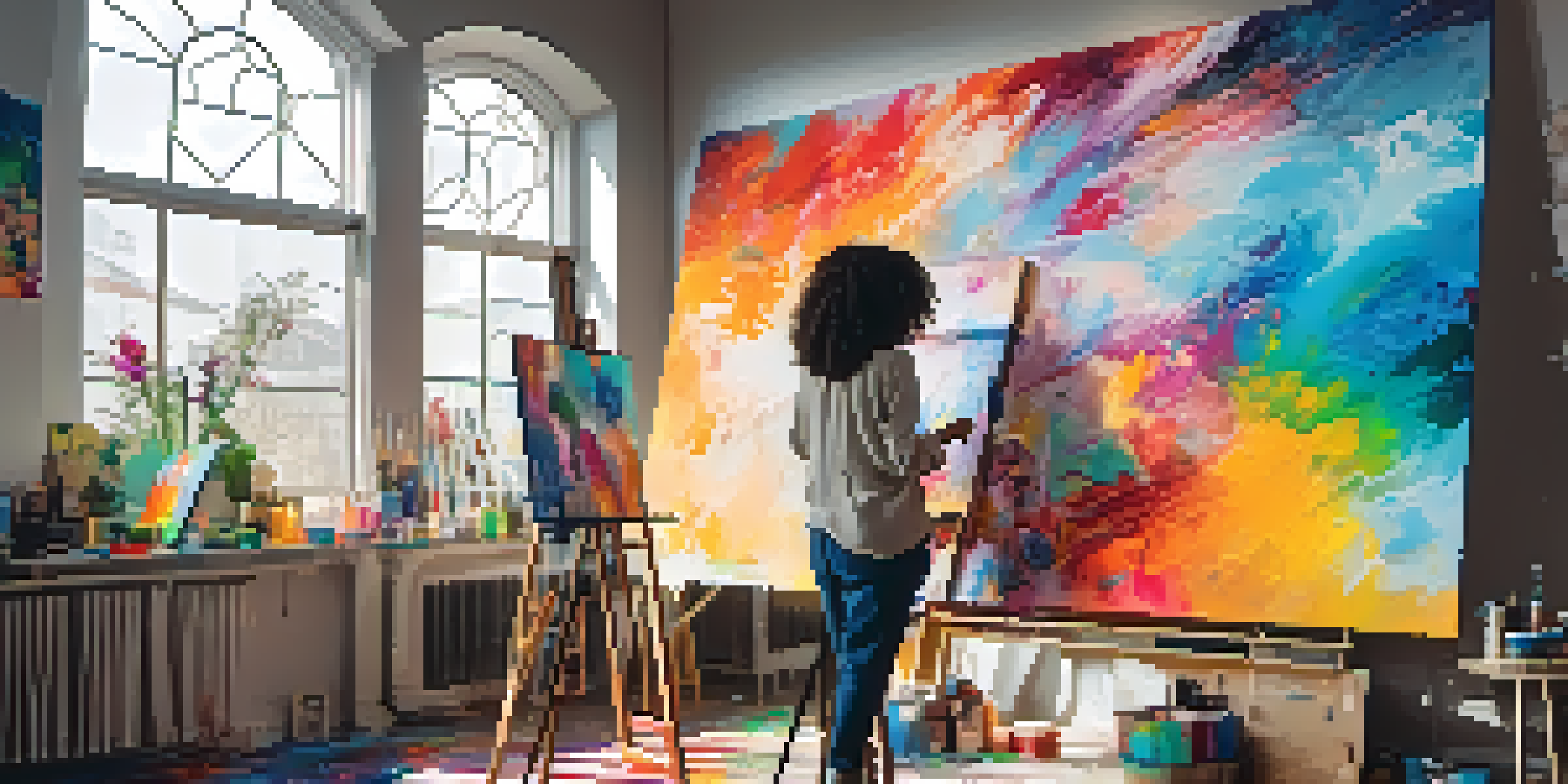 An artist working in a colorful digital art studio, surrounded by bright paint splashes and abstract artworks, with natural light illuminating the space.
