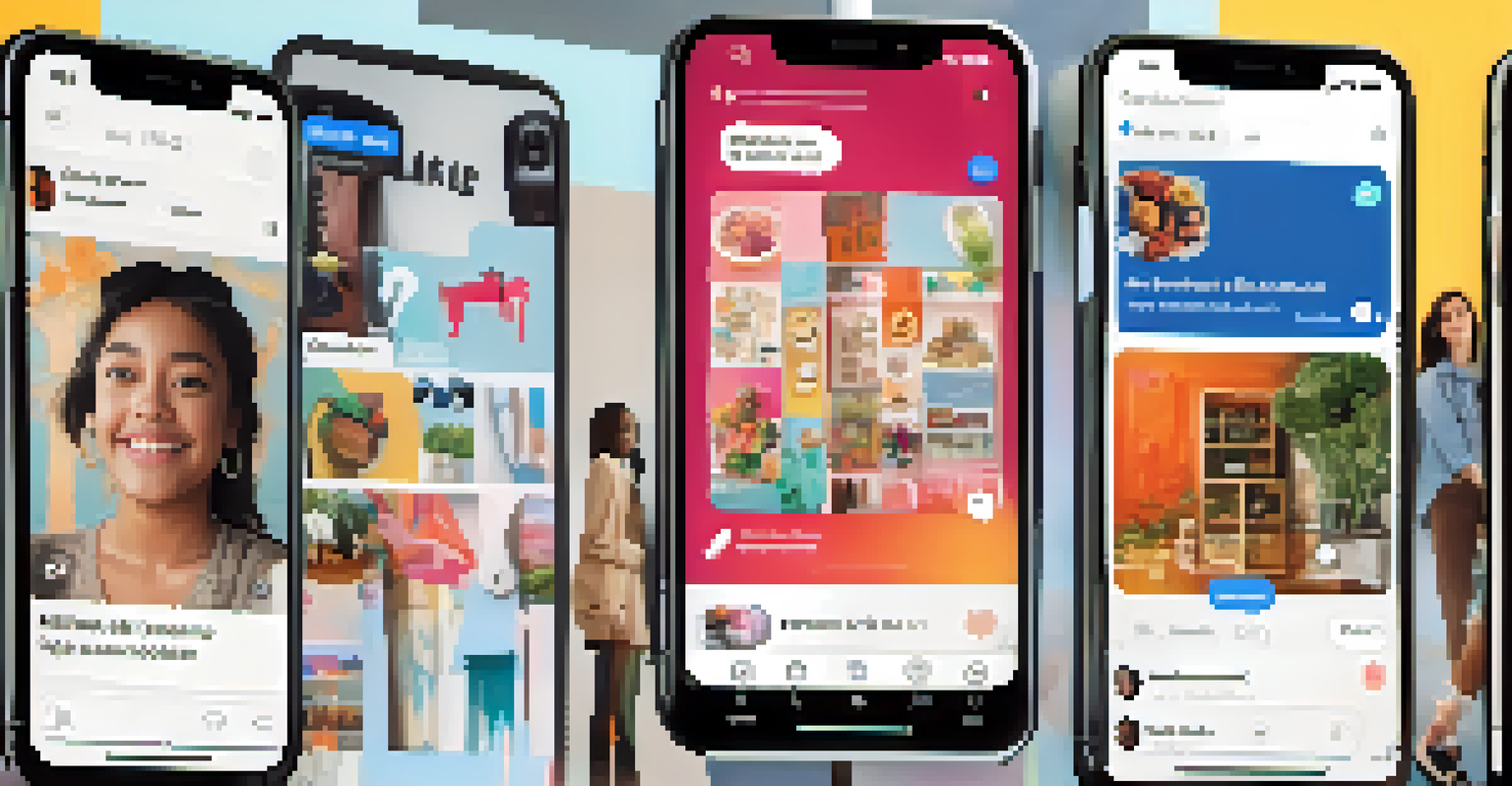A smartphone displaying a vibrant social media feed of artworks by women artists, surrounded by art supplies.