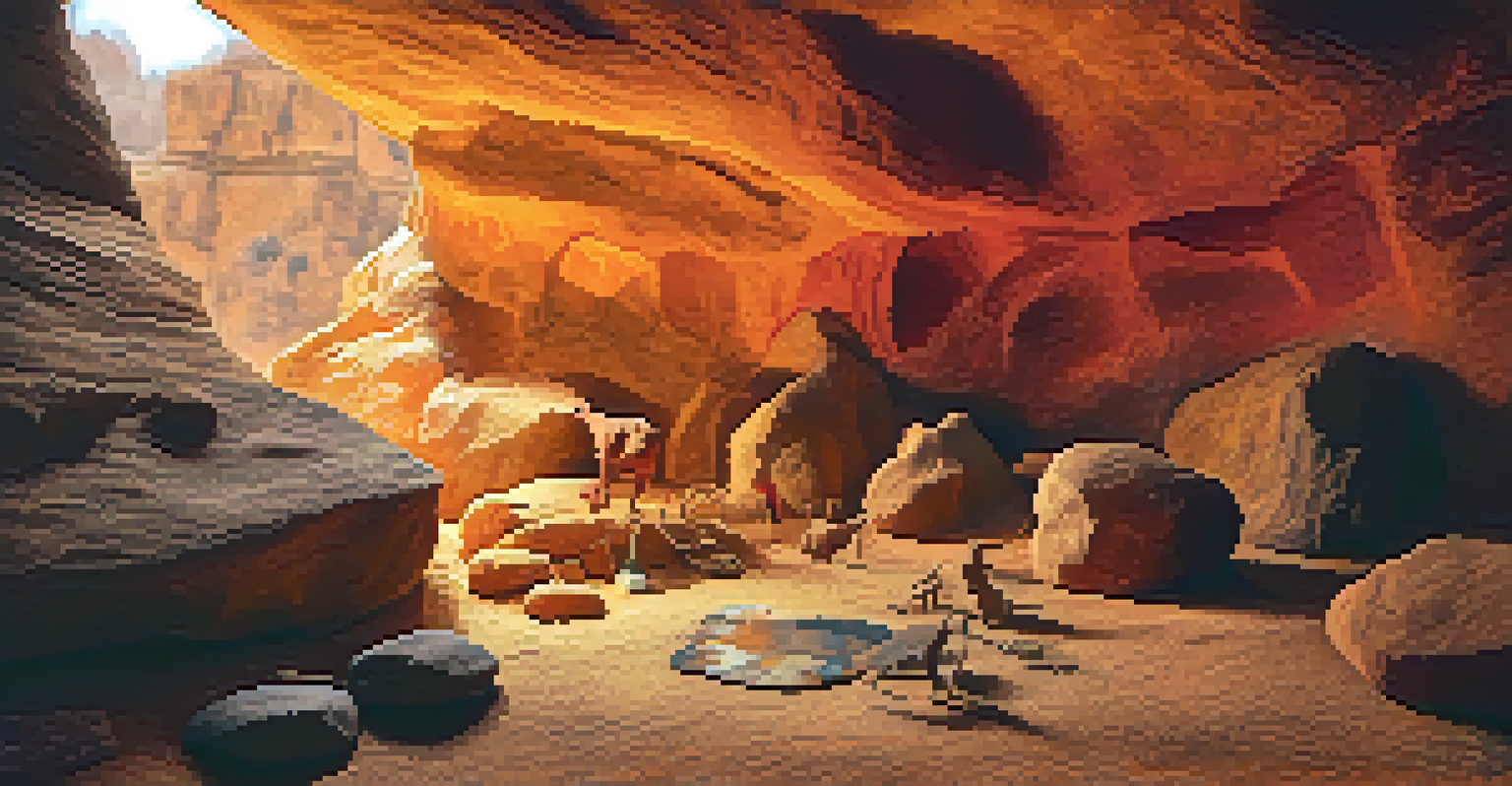 Close-up of early human artists painting on cave walls with natural pigments and brushes.