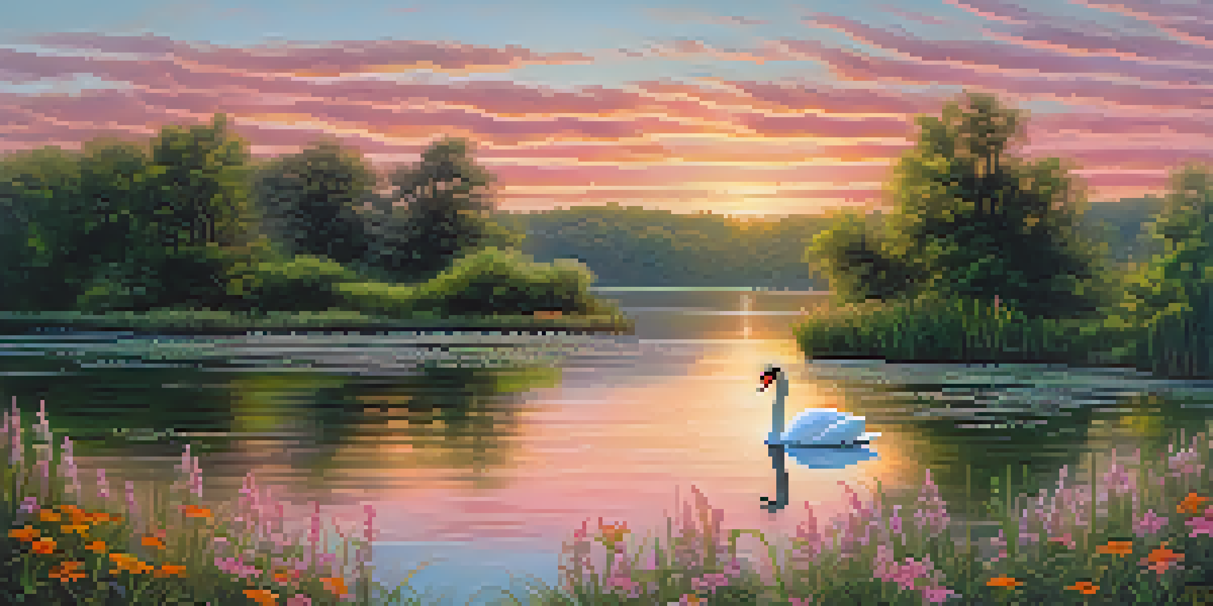 A peaceful lake scene with trees and wildflowers, reflecting the sunset colors, and a swan swimming in the water.