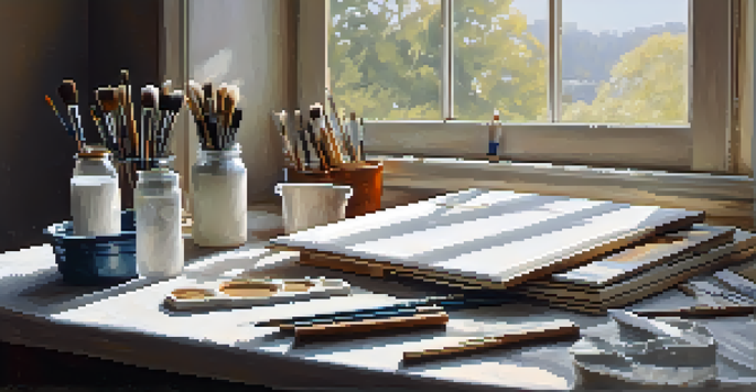 An artist's workspace with a canvas coated in white gesso, surrounded by painting tools and natural light.