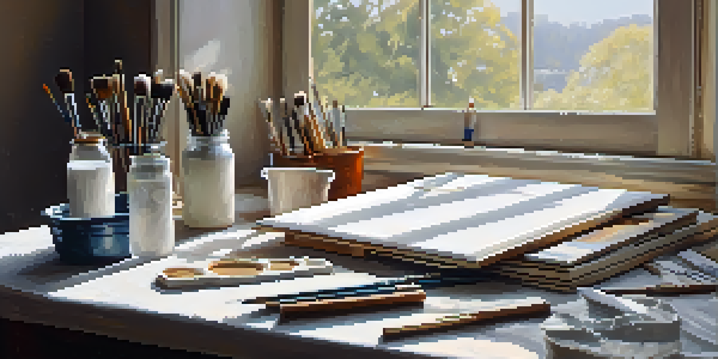 An artist's workspace with a canvas coated in white gesso, surrounded by painting tools and natural light.