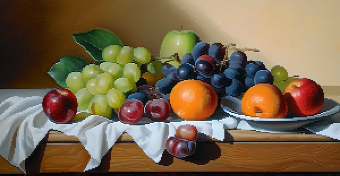 A still life of colorful fruits on a wooden table with natural light creating gentle shadows.