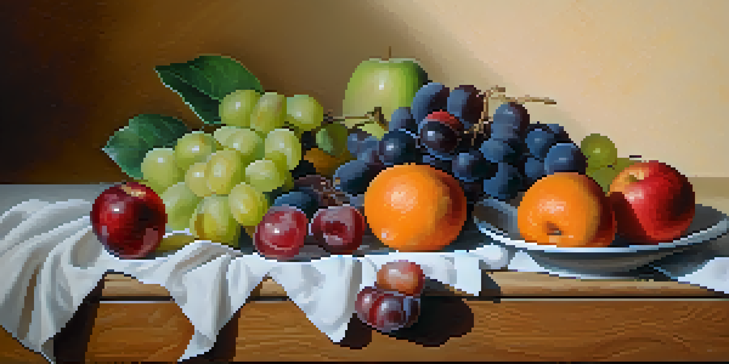 A still life of colorful fruits on a wooden table with natural light creating gentle shadows.
