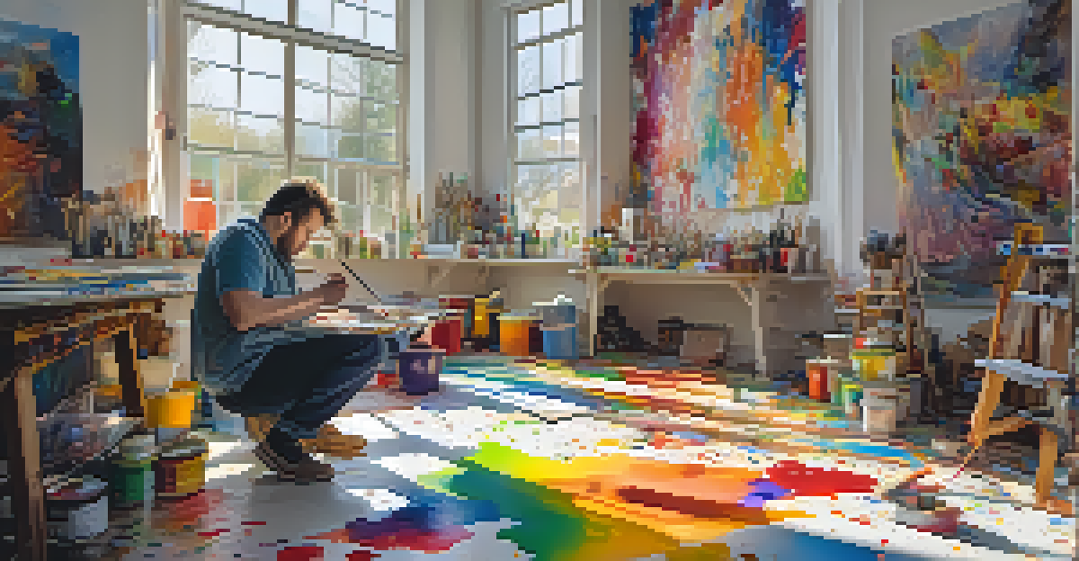 An artist at work in a bright studio filled with colorful artworks and tools, basking in natural sunlight.