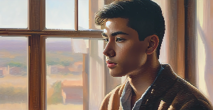 A close-up portrait of a person with warm skin tones, softly lit by natural light, showcasing highlights and shadows on their face.