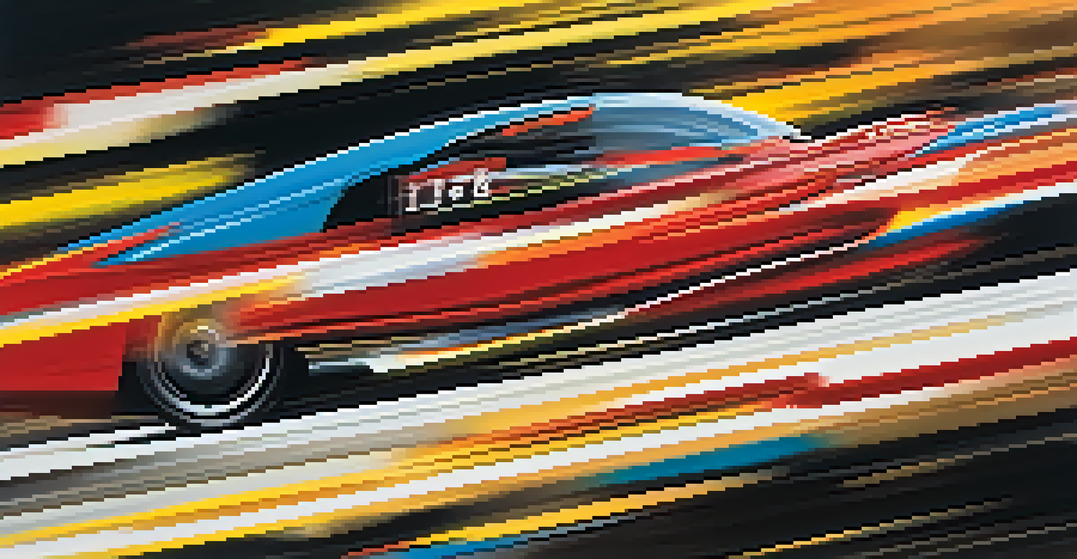 An abstract painting of a racing car in motion, using vibrant colors to convey speed and energy.