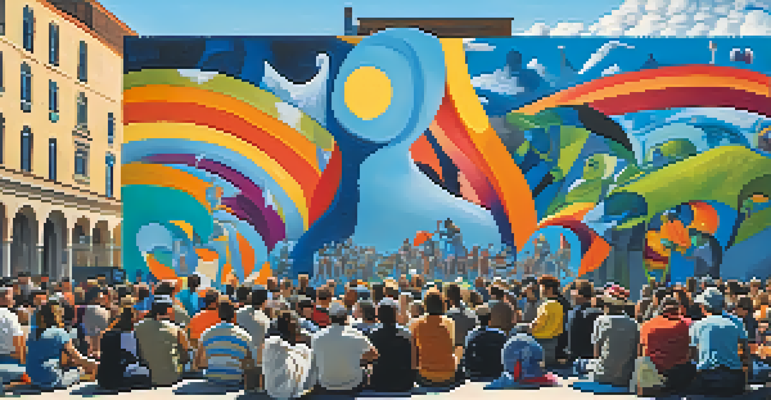 Street artists creating a mural while poets perform, with a crowd watching in a lively outdoor setting.