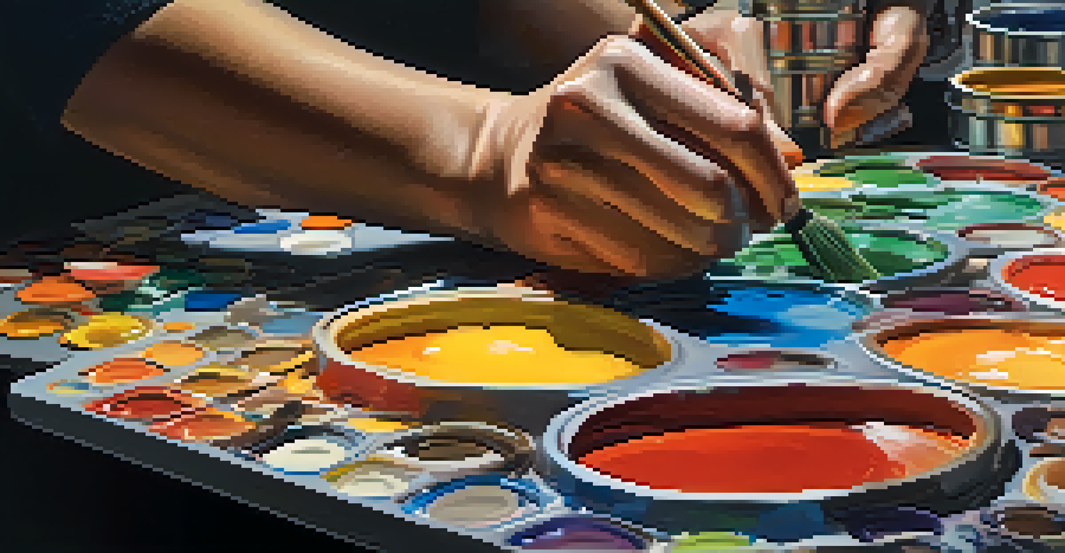 Close-up of an artist's hands mixing colorful paint on a palette, surrounded by artistic tools, emphasizing the creativity of collaboration.