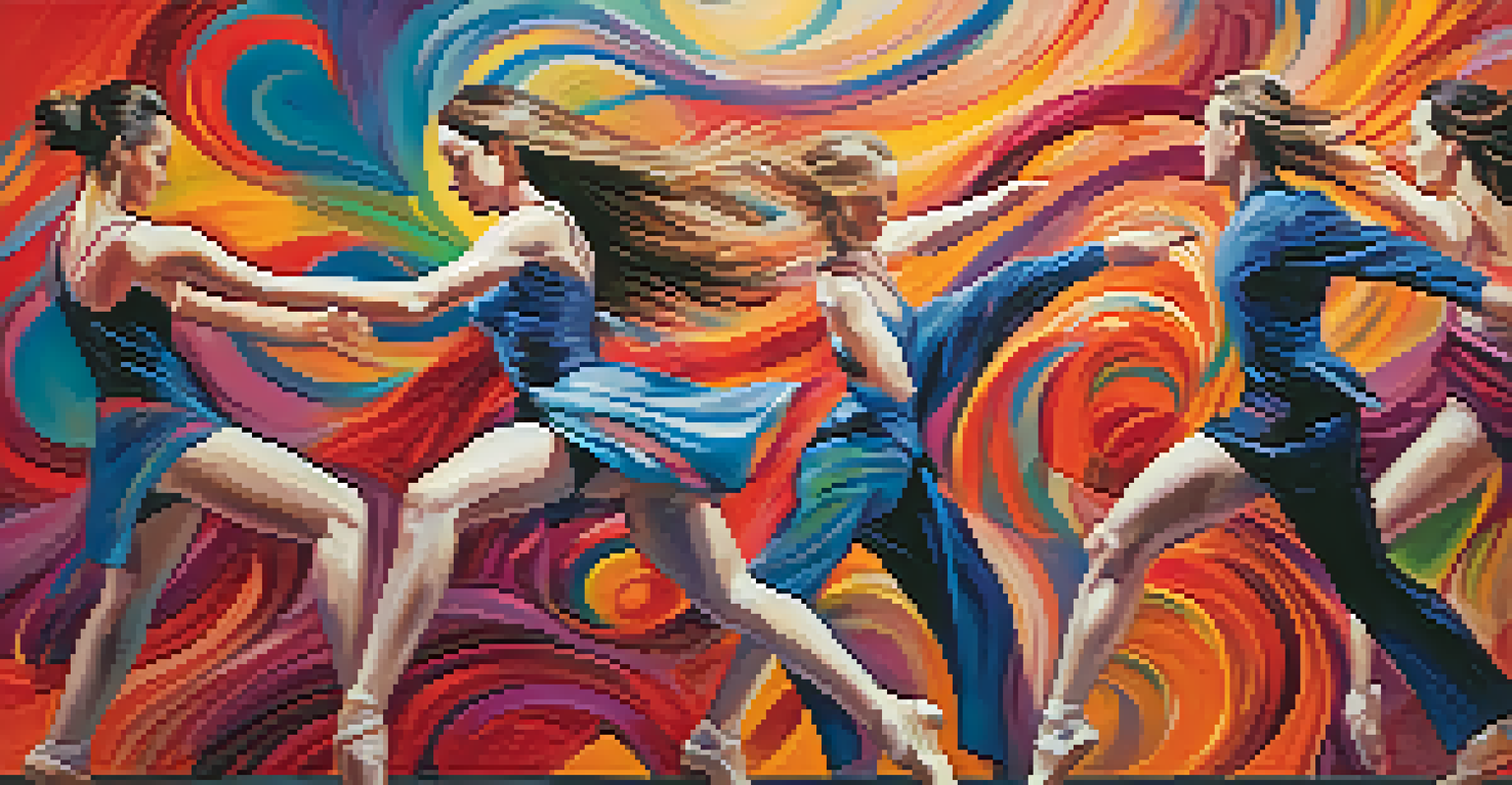 Dancers in mid-motion against a colorful abstract backdrop, conveying energy and emotion.